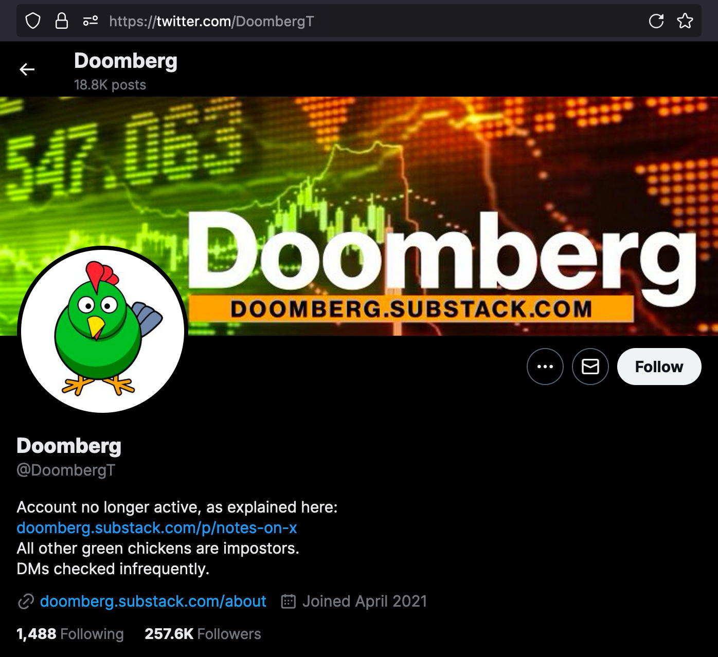A screen capture of Doomberg's Twitter profile page