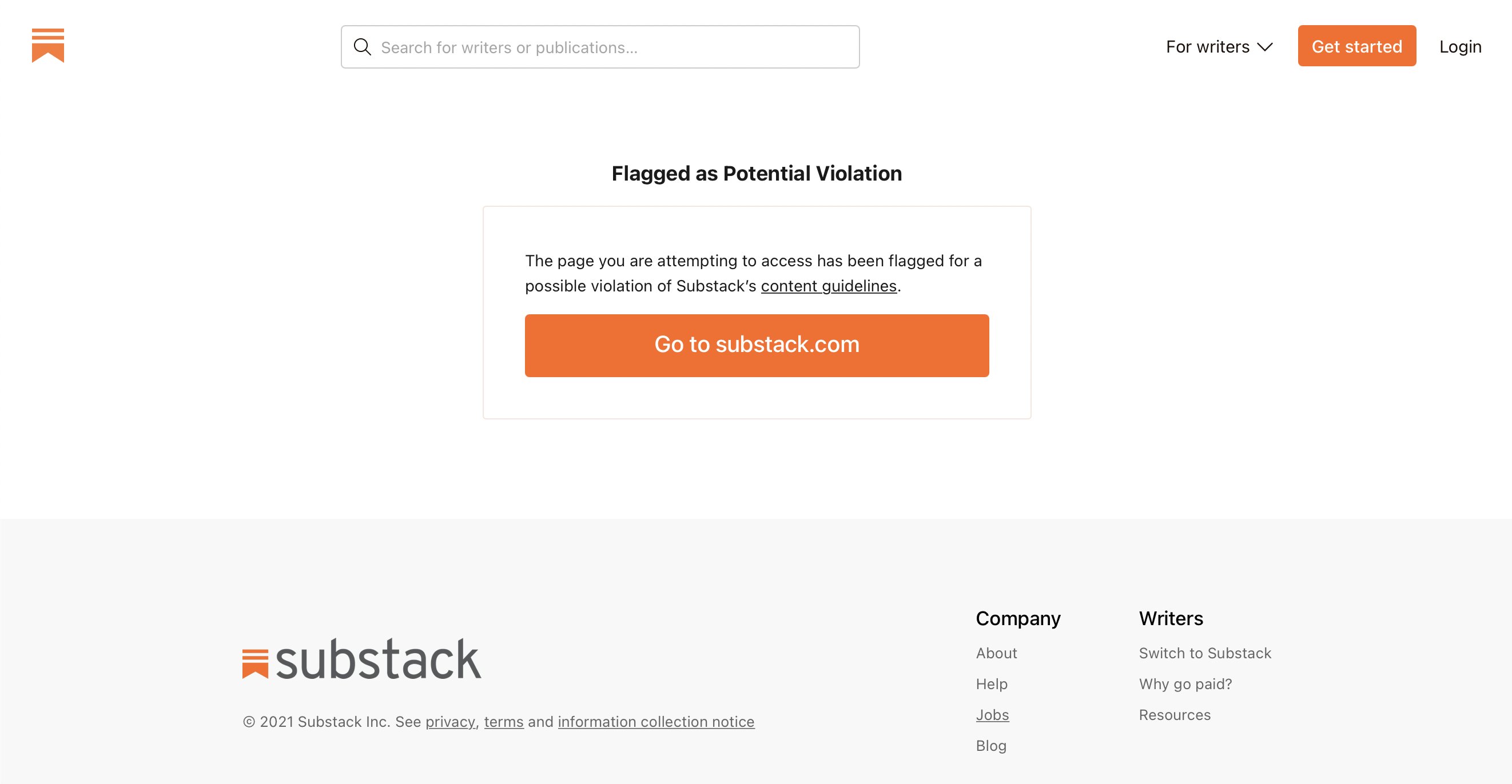 Depiction of Substack labeling someone's Substack as having been &quote; Flagged as Potential Violation"