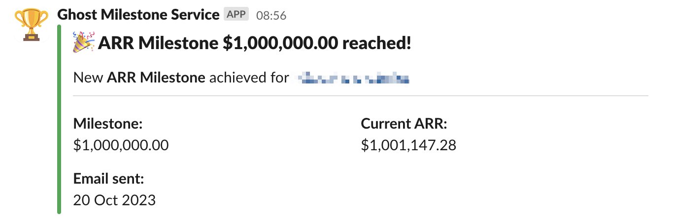 "Ghost Milestone Service" showing "ARR Milestone $1,000,000.00 reached!"