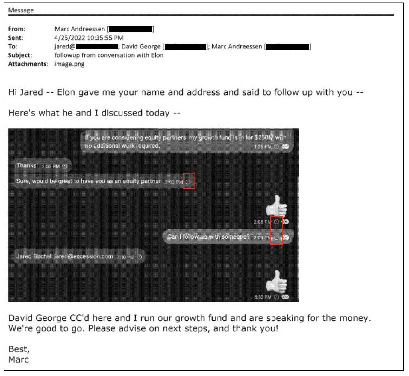 Screen capture of a text conversation in which Andreessen expresses his interest in investing in Musk's purchase of Twitter