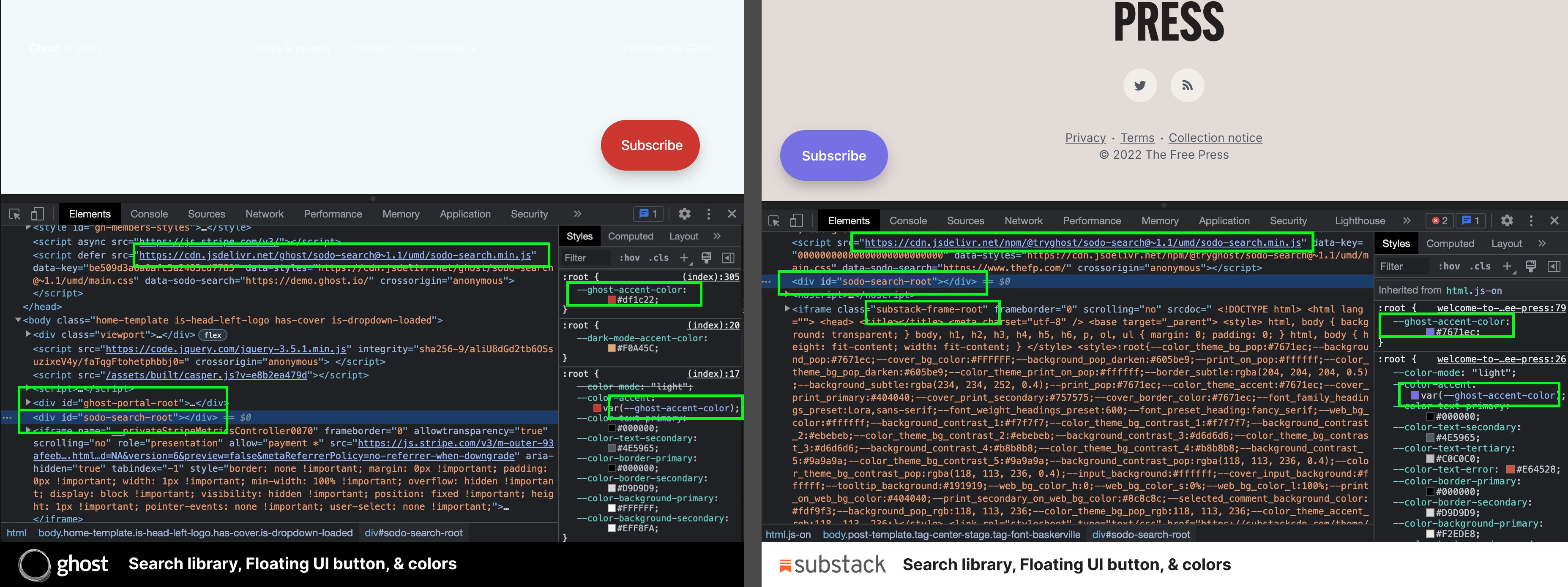 Ghost code and Substack code, side by side, compared