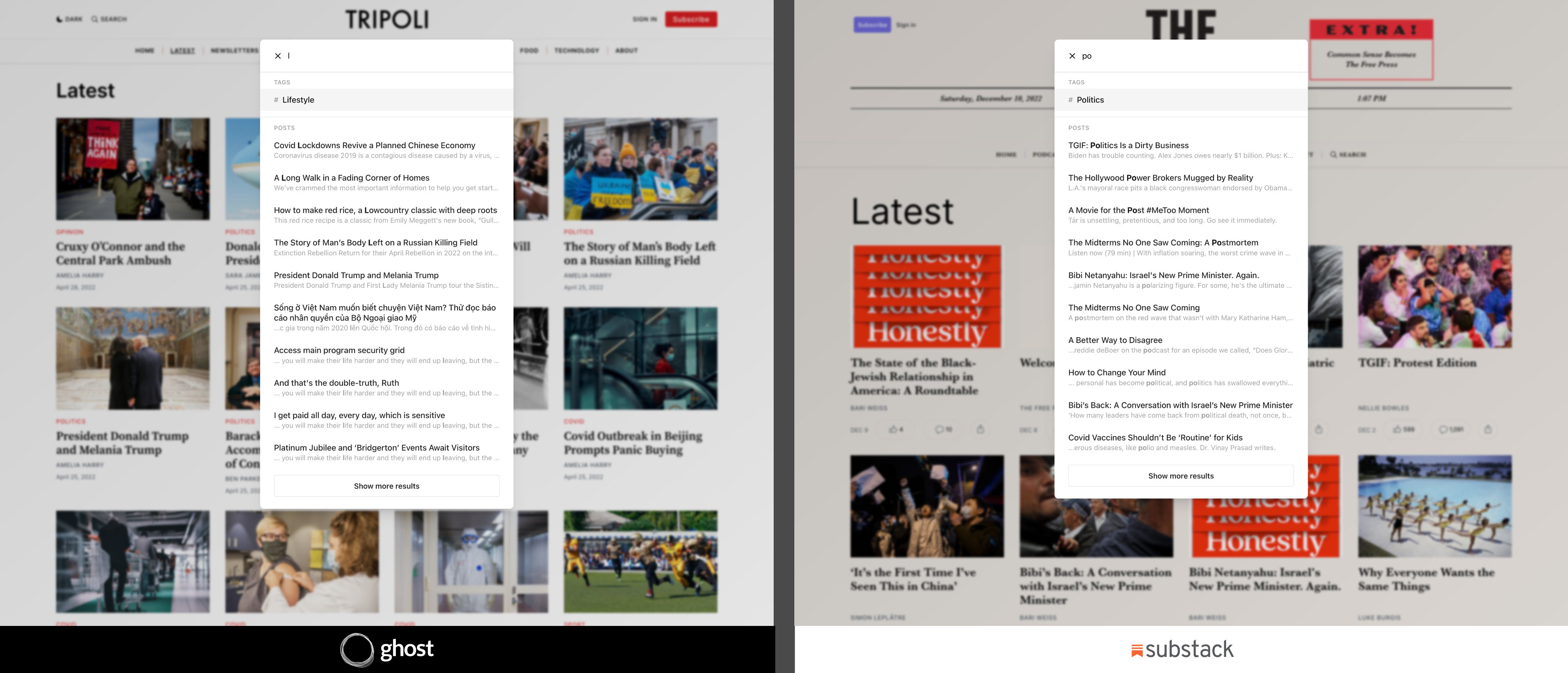 Side by side depiction of Tripoli Ghost theme and The FP in Substack, looking very similar