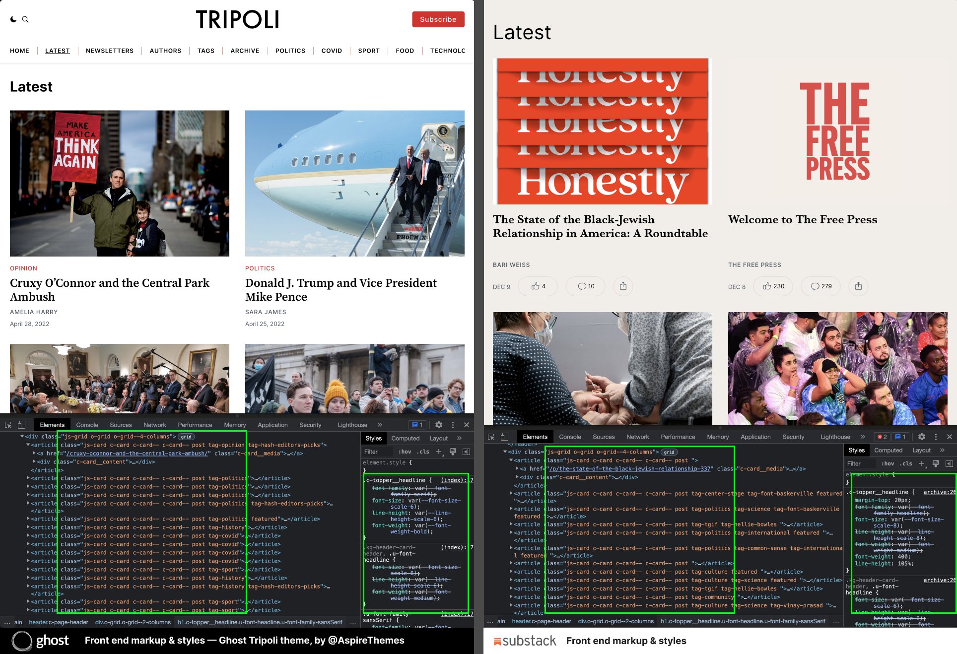 Ghost code and Substack code, side by side, compared