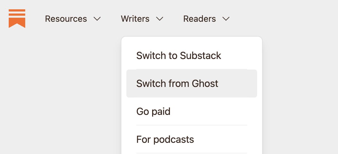 Substack dropdown menu mention migration from Ghost