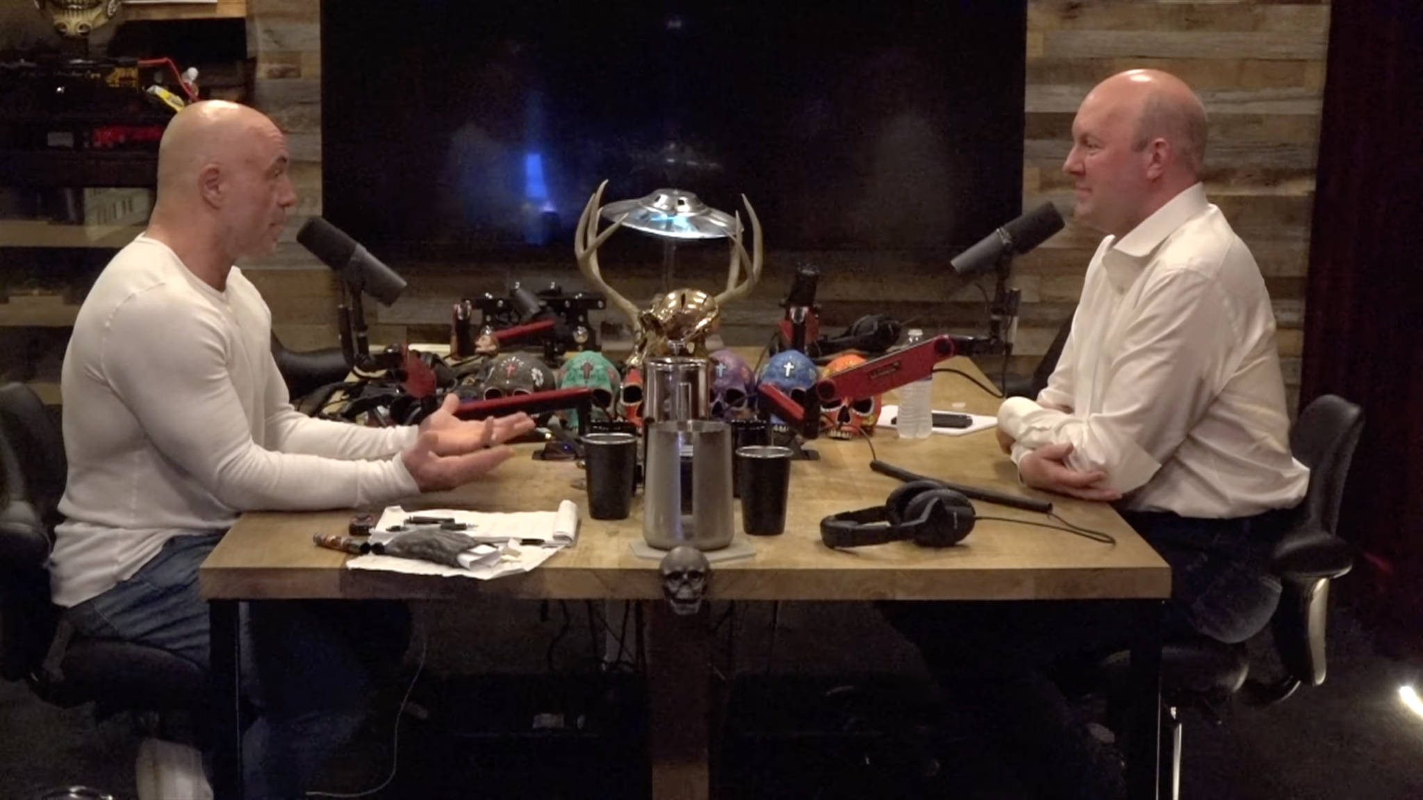 A screen capture of Joe Rogan and Marc Andreessen speaking to one another on The Joe Rogan Experience