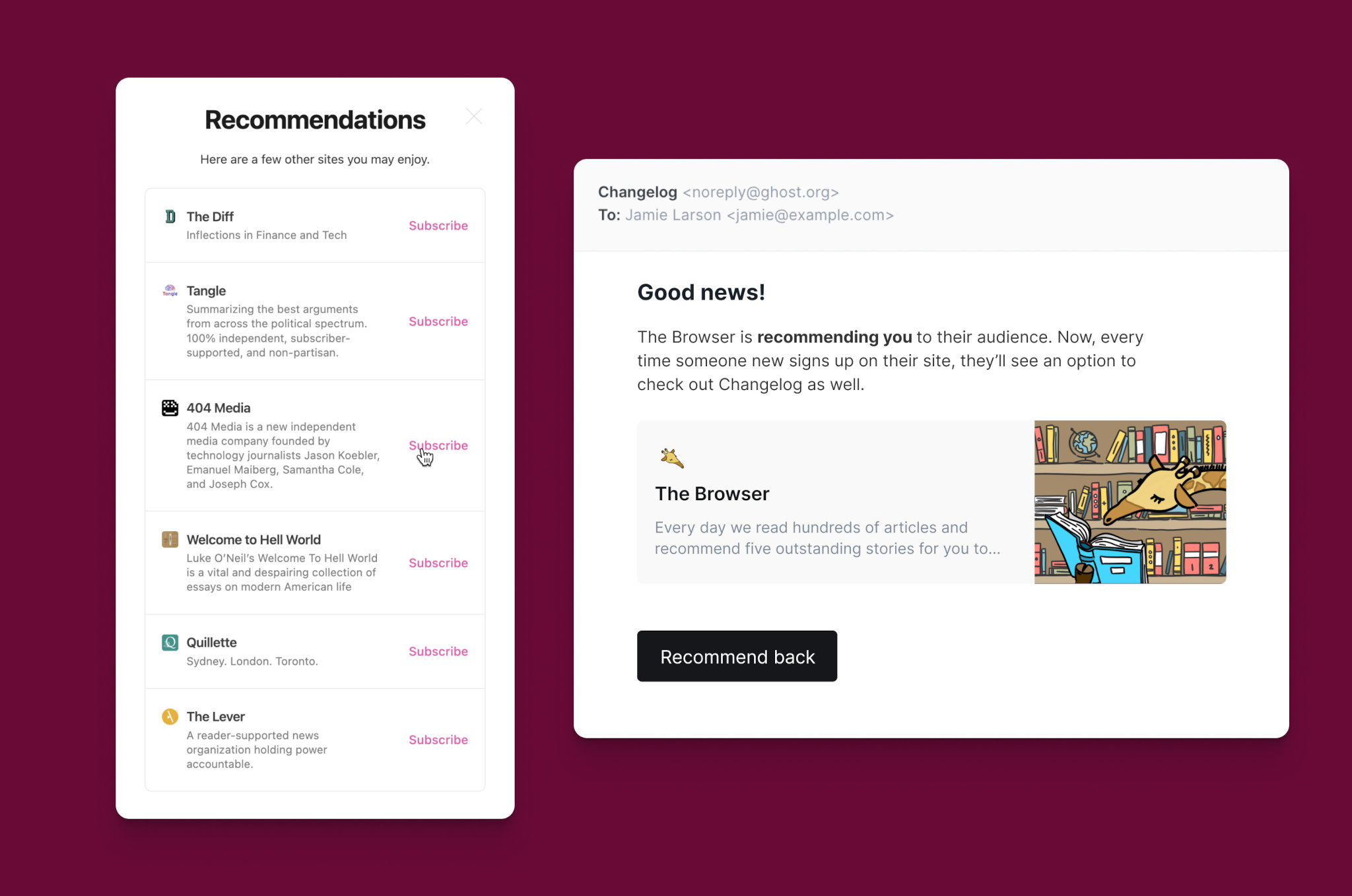 A graphic depicting Ghost's Recommendations modal and the option to Subscribe to six different Ghost-utilizing sites, as well as depiction of an email stating that a site has been recommended by another site with a button saying "Recommend back"