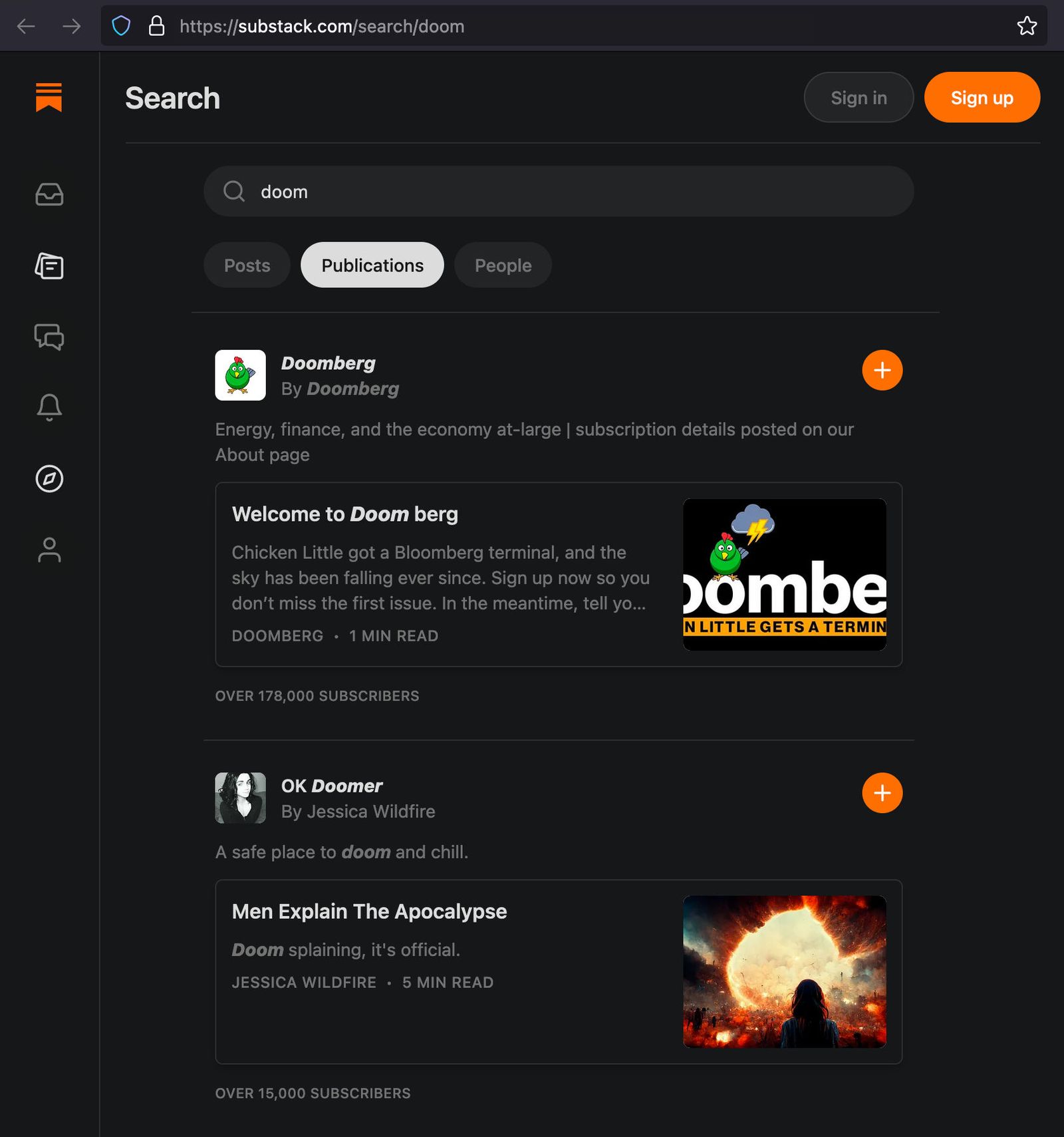 A screen capture of the term "doom" searched on Substack, Doomberg being the top result, OK Doomer being the second result