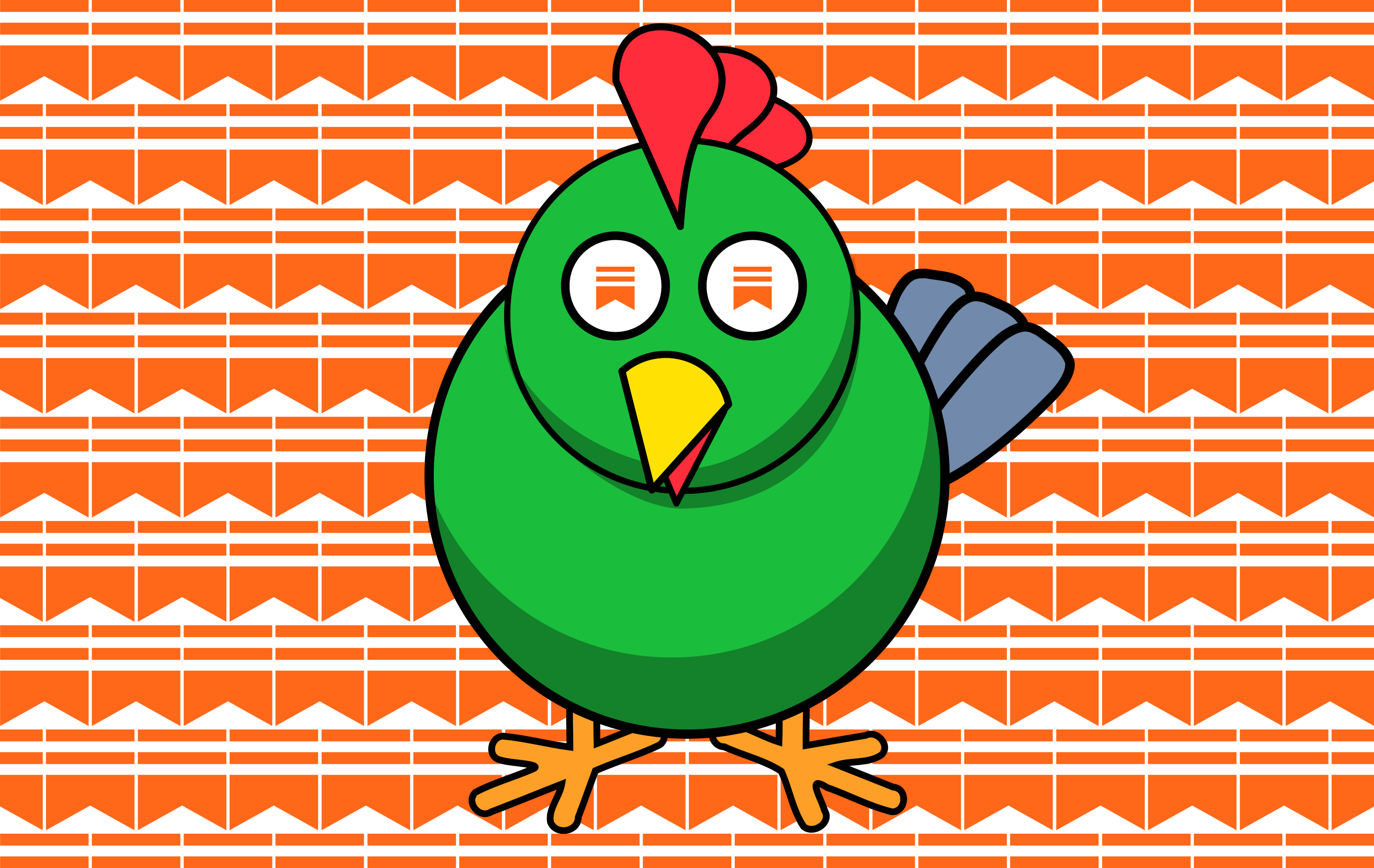 The Doomberg chicken with the Substack logo substituting for its two irises, on a wallpaper background of Substack logos