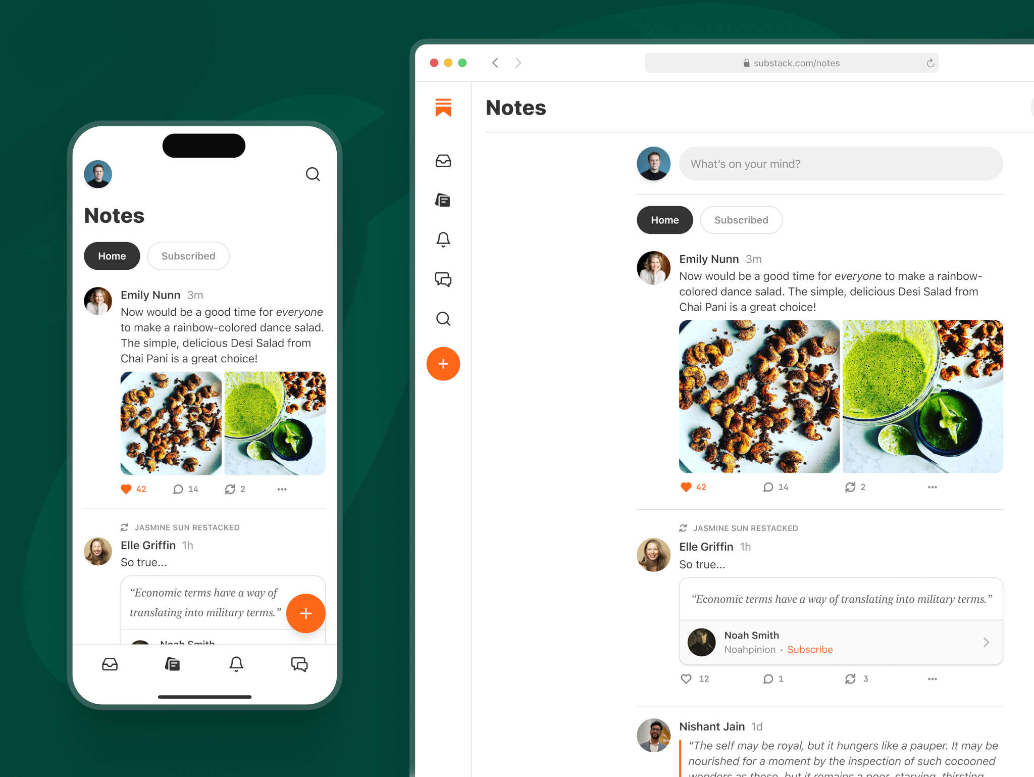 Substack's Notes app, as seen on a mobile and on a desktop layout