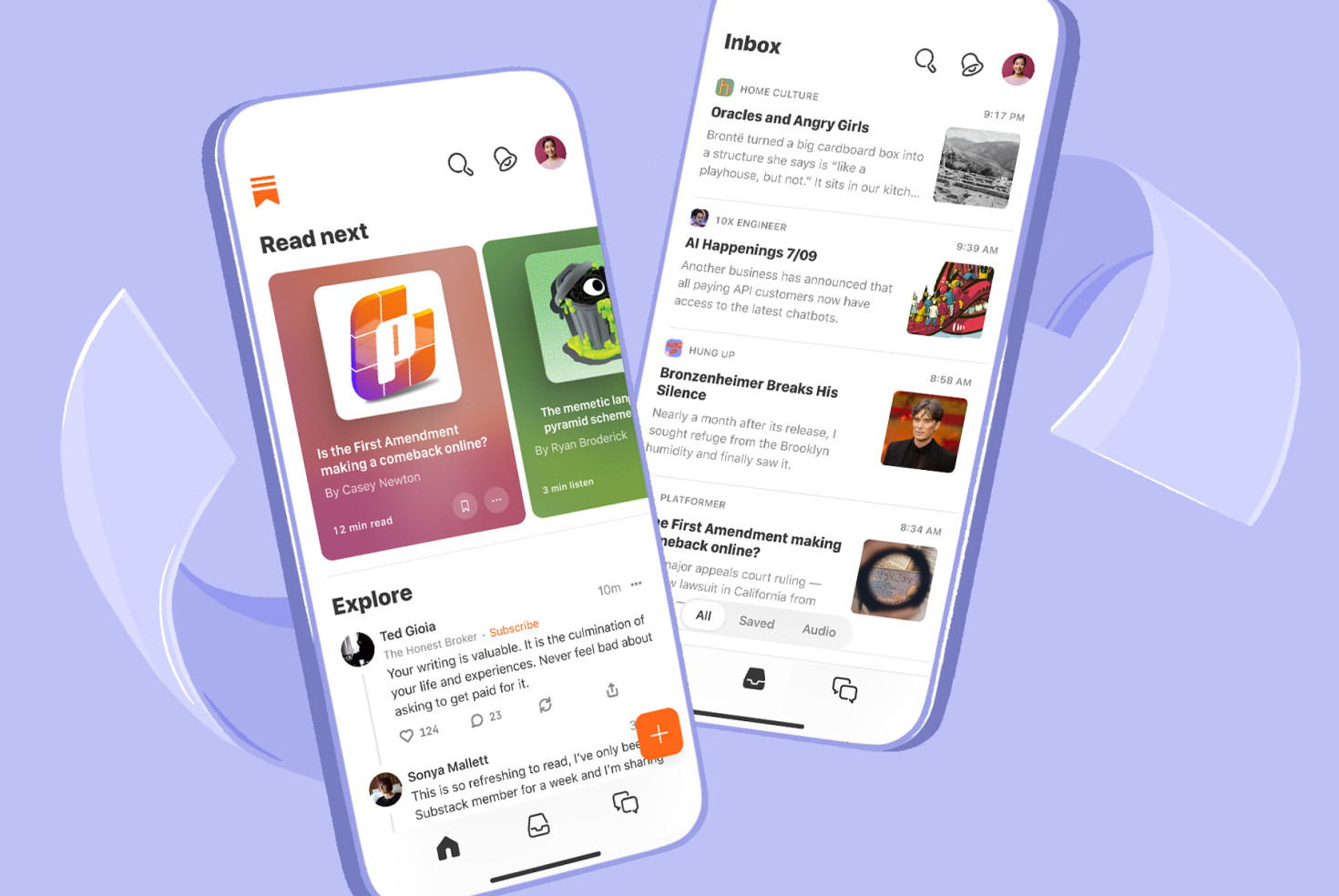 Two mobile phones with the Substack app on them