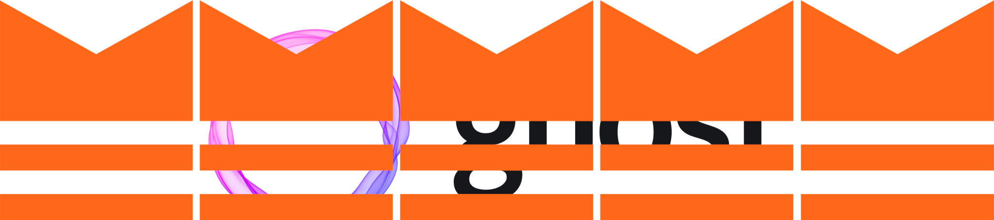 Five Substack logos flipped upside down and lined up near one another with a gap between each one, which looks like a fence, with the Ghost logo (with black typeface) seen behind through the "slats"