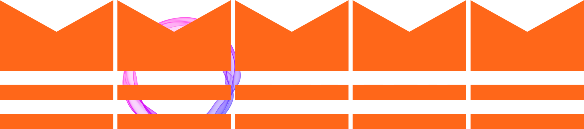 Five Substack logos flipped upside down and lined up near one another with a gap between each one, which looks like a fence, with the Ghost logo (with white typeface) seen behind through the "slats"