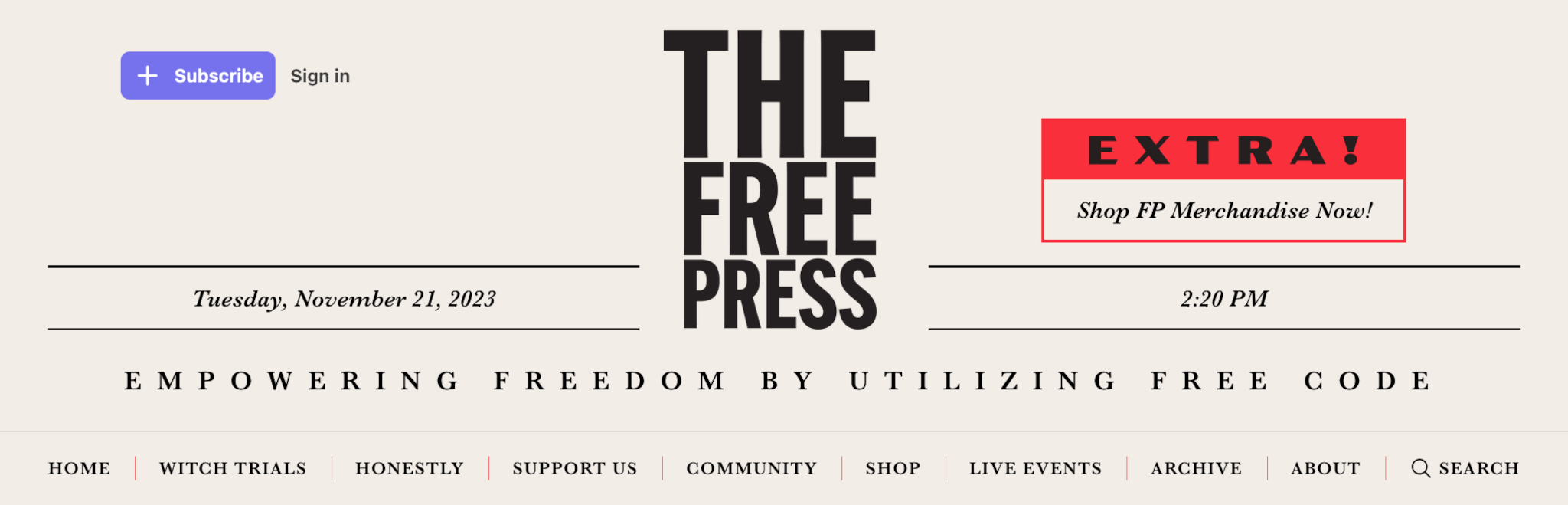 A screen capture of an amended header of The Free Press website, the subtitle being "Empowering Freedom by Utilizing Free Code"