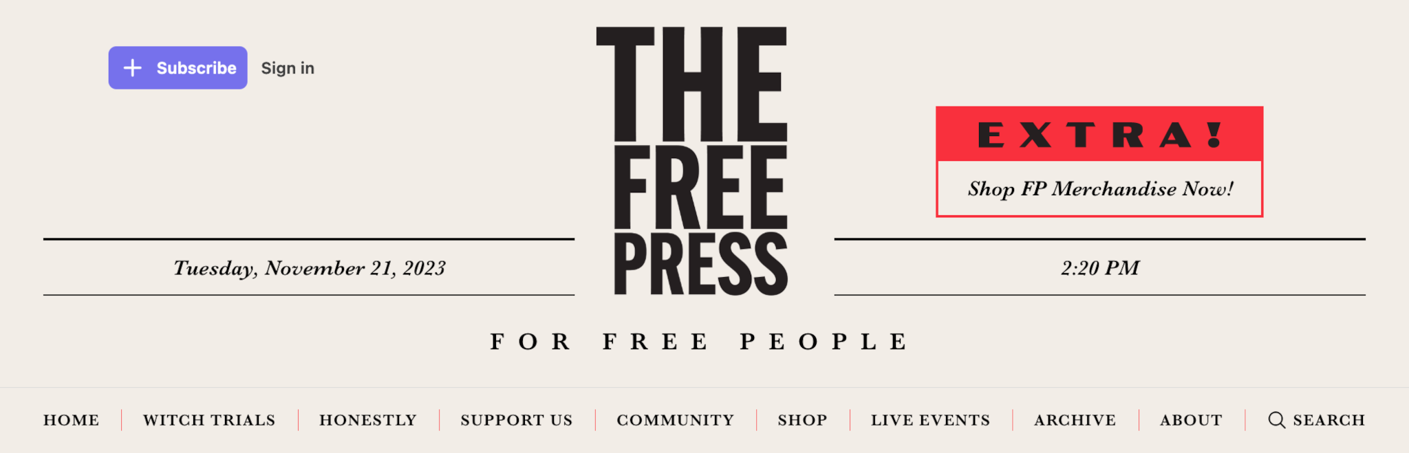A screen capture of the header of The Free Press website, with the subtitle "For Free People"