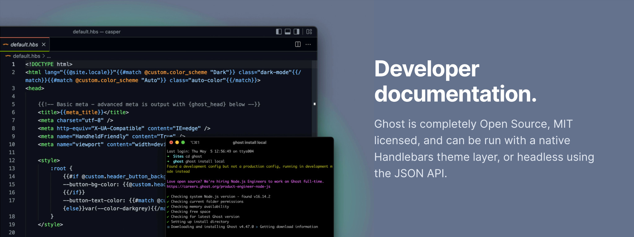 An image from Ghost's website depicting code utilized for customizing a Ghost theme