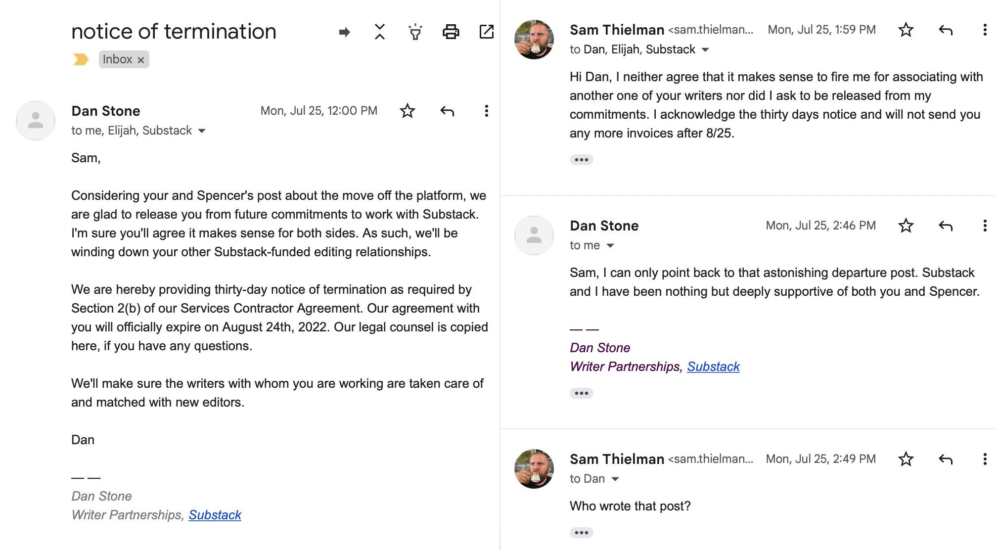 Emails contentens about notice of termination