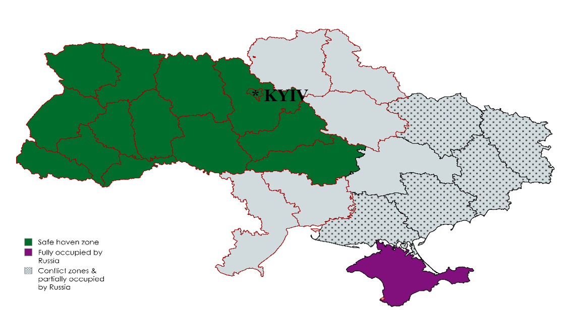 A map of Ukraine, divided into sections of safe haven zone, fully occupied by Russia, and conflict zones / partially occupied by Russia