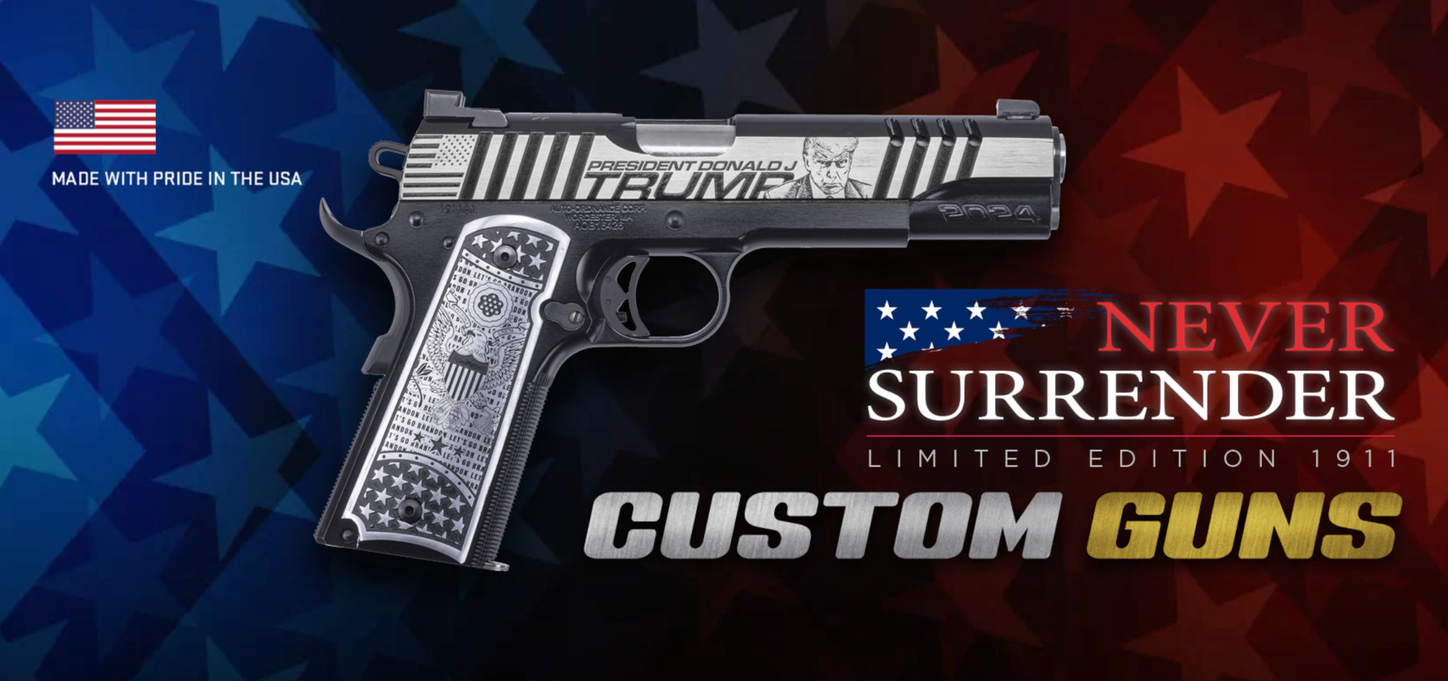 A promotional image for a Donald J Trump-branded handgun