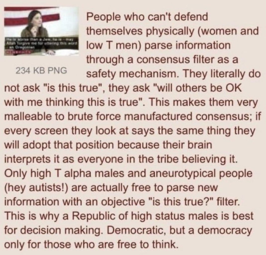 Screen capture of 4Chan text which reads: People who can't defend themselves physically (women and low T men) parse information through a consensus filter as a safety mechanism. They literally do not ask "is this true", they ask "will others be OK with me thinking this is true". This makes them very malleable to brute force manufactured consensus; if every screen they look at says the same thing they will adopt that position because their brain interprets it as everyone in the tribe believing it. Only high T alpha males and aneurotypical people (hey autists!) are actually free to parse new information with an objective "is this true?" filter. This is why a Republic of high status males is best for decision making. Democratic, but a democracy only for those who are free to think.