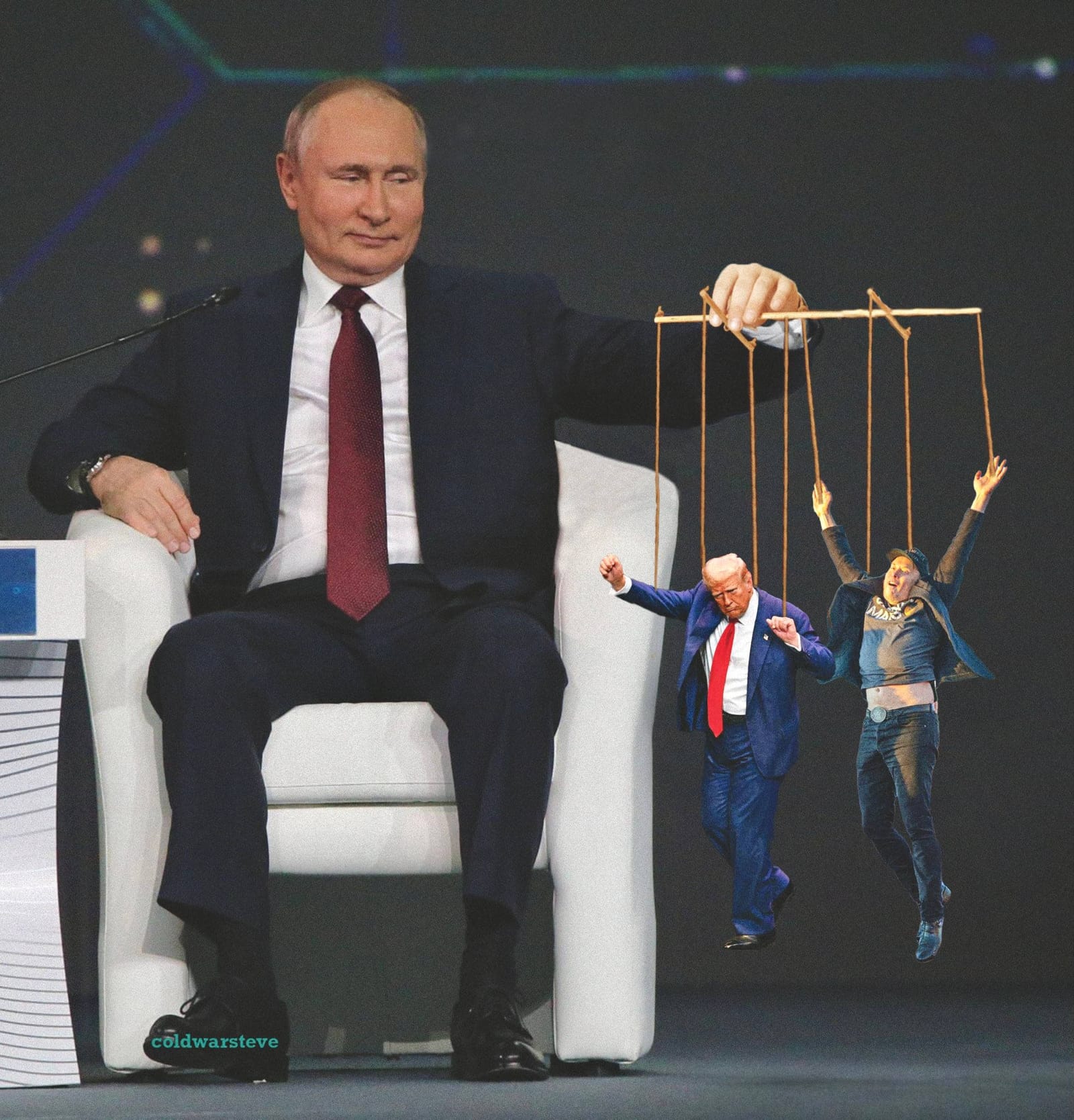 Photoshopped image of Vladimir Putin playing with marionettes of Donald Trump and Elon Musk