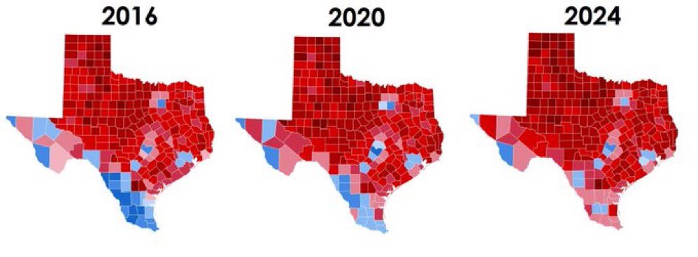 Maps of Texas from 2016, 2020 and 2024, its districts becoming more red than blue