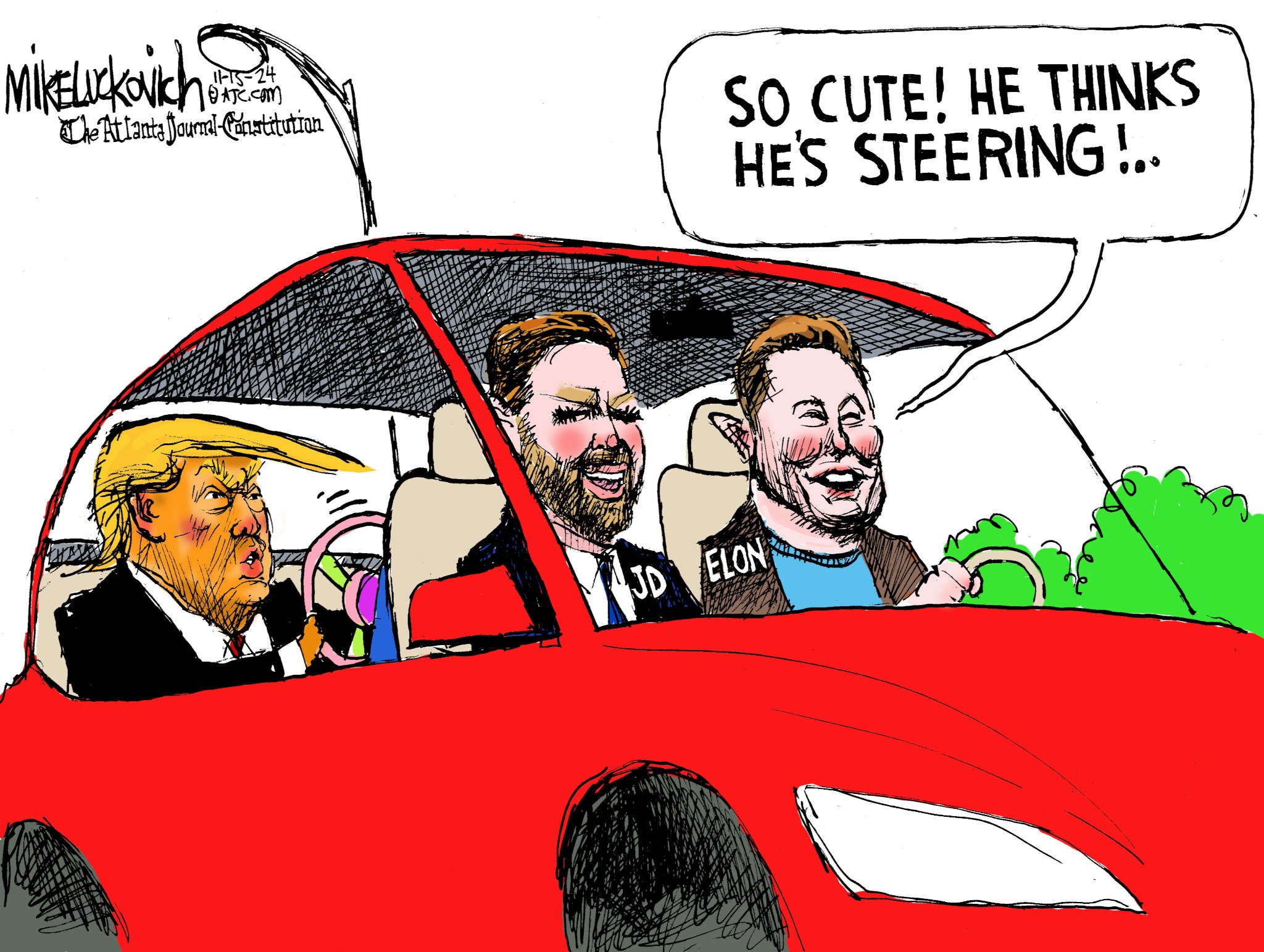 Editorial cartoon of Elon Musk driving a car with JD Vance in the passenger seat, Donald Trump in the real holding a toy steering wheel, Musk stating "So cute! He thinks he's steering!"