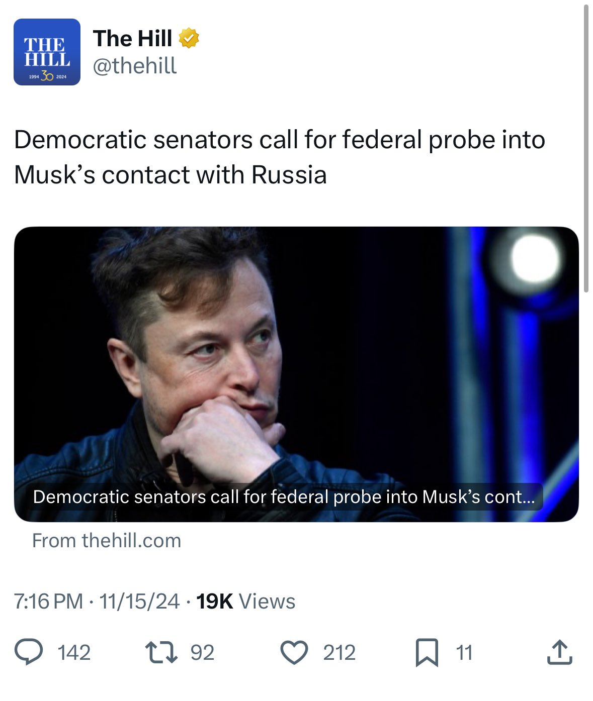 Screen capture of a tweet by The Hill, the text stating "Democratic senators call for federal probe into
Musk's contact with Russia"