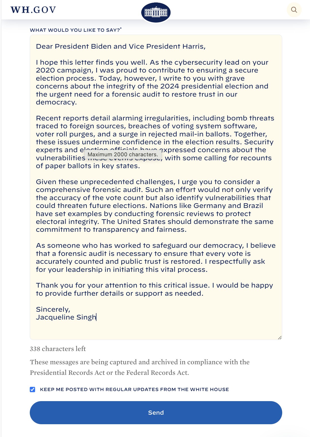 A copy of Singh's letter to vice president Harris