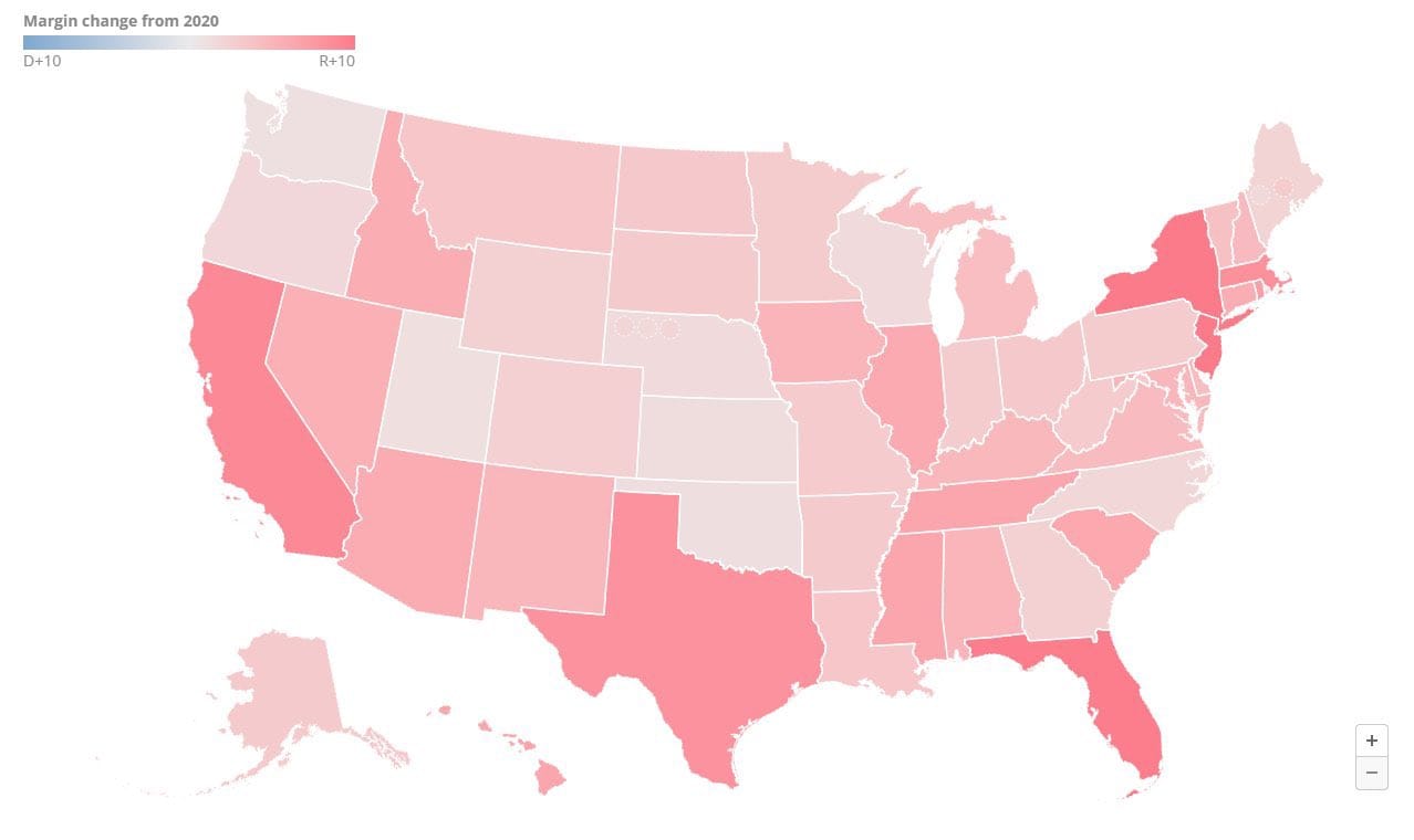Map of USA, depicting every state as having trended Republican
