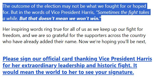 Screen capture of Harris campaign email in which the quote cited in the tweet is derived from