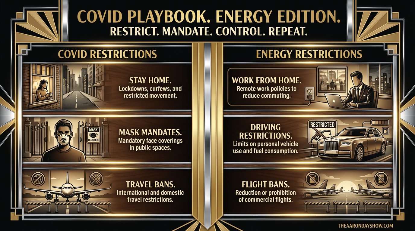Brass-plate-looking image, with the headline "Covid playbook. Energy edition. Restrict. Mandate. Control. Repeat.", along with a list comparing "Covid restrictions" and "Energy restrictions"