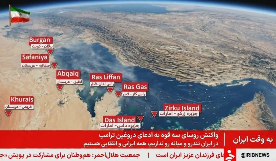 A topographical map of the Middle East, depicting eight locations which may be targeted by Iran for retaliatory actions