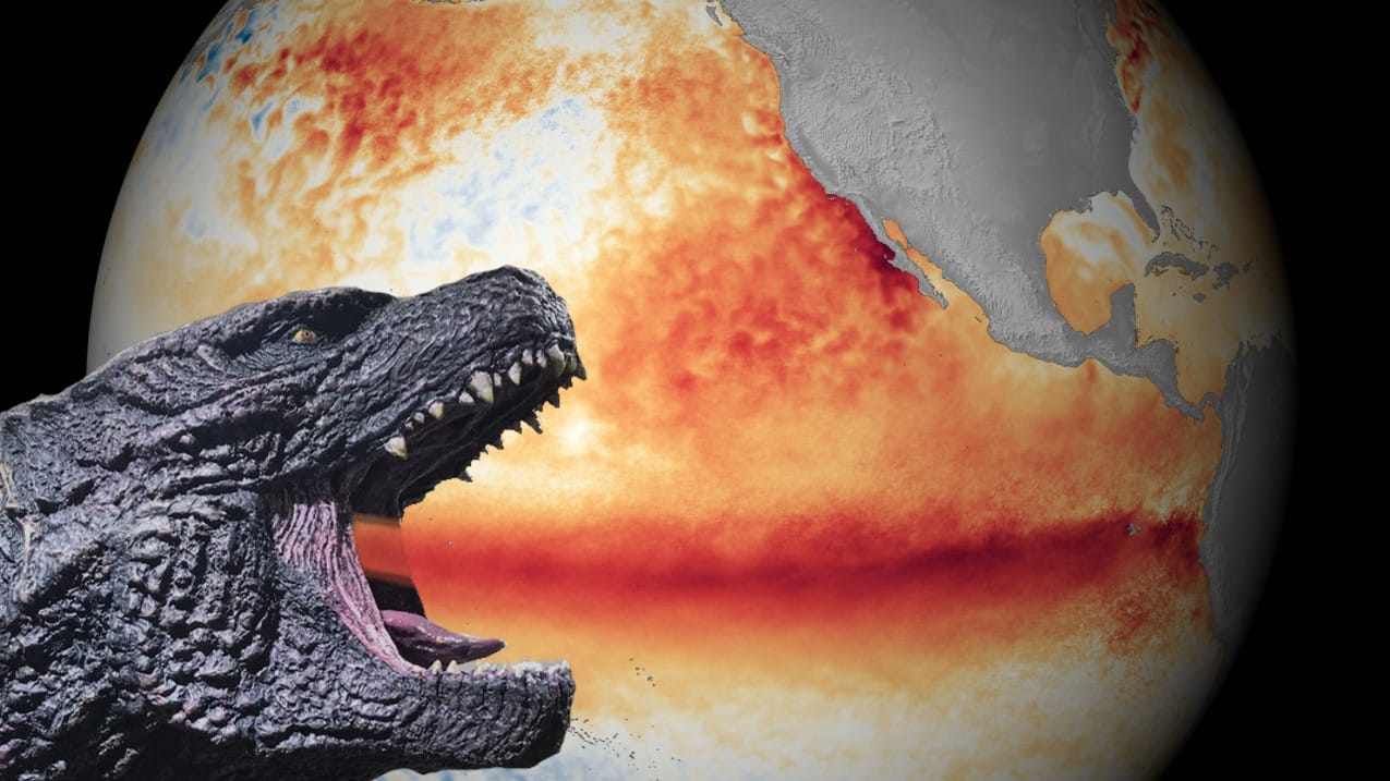 A satellite image of the Pacific ocean, a band of El Niño-induced warmed water made to look as if it's emanating from superimposed Godzilla's mouth