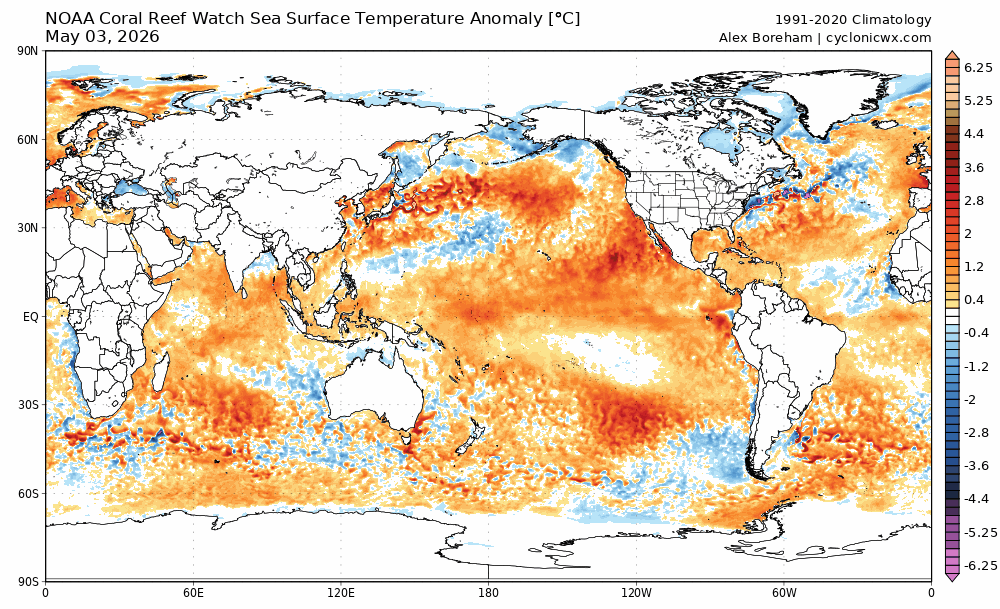 Time lapse video of the "NOAA Coral Reef Watch Sea Surface Temperature Anomaly [°C]" for May, June and July