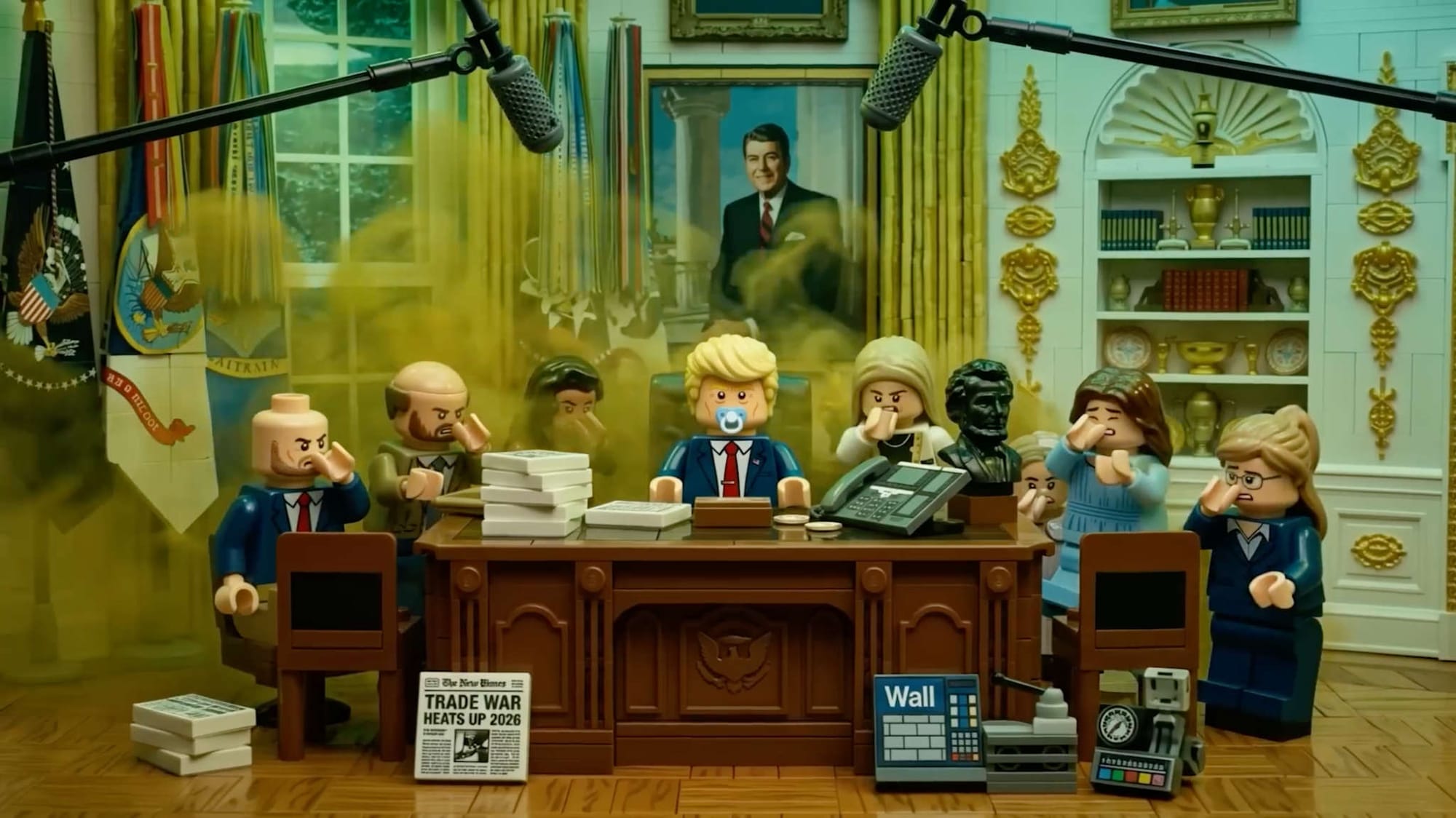 A still from the AI-generated "Stinky Donny" LEGO video depicting Trump sitting behind the Resolute Desk in the Oval office, every other member of his staff holding their nose due to the brown-coloured odor/gas seen hovering around Trump