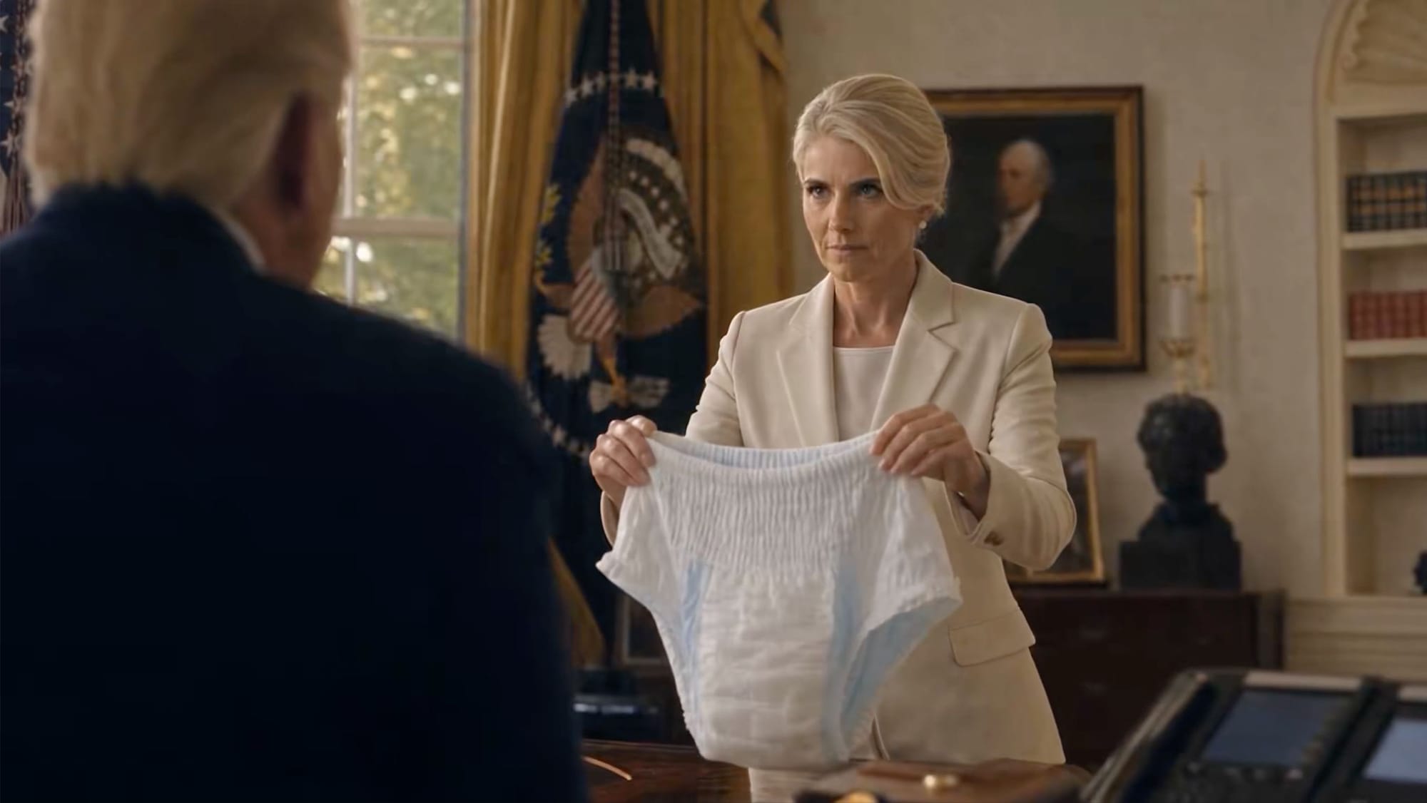 An AI generated image of Natalie Harp holding up a diaper in front of Donald Trump, in the Oval Office