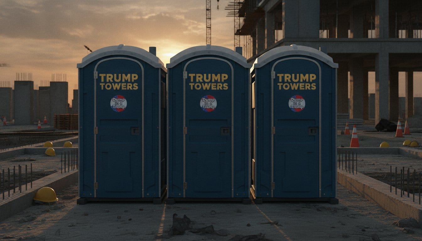 Three porta-potties at a construction site, each emblazoned with the words "Trump Towers"