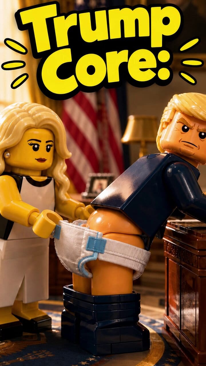 A LEGO image of Trump bent over the Resolute Desk, his pants down around his ankles, and Natalie Harp behind him adjusting his diaper