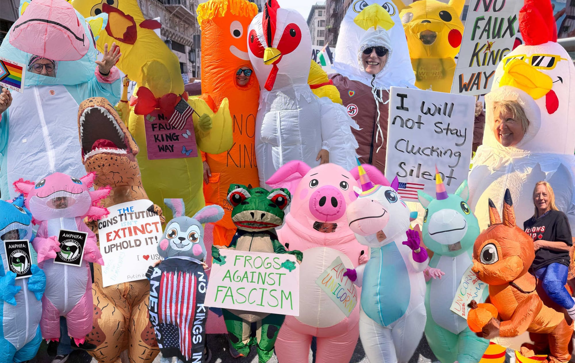 A montage of various No Kings attendees dressed up in inflatable costumes