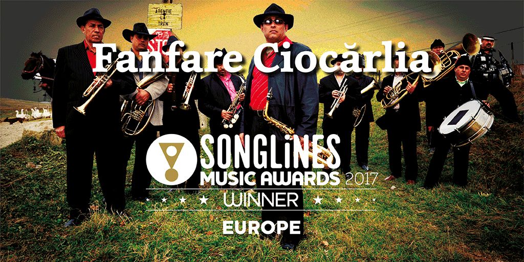 Fanfare Ciocarlia in field, superimposed with Songlines Music Awards 2017 winner Europe