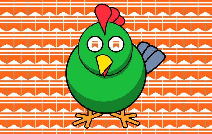 The Doomberg chicken with the Substack logo substituting for its two irises, on a wallpaper background of Substack logos