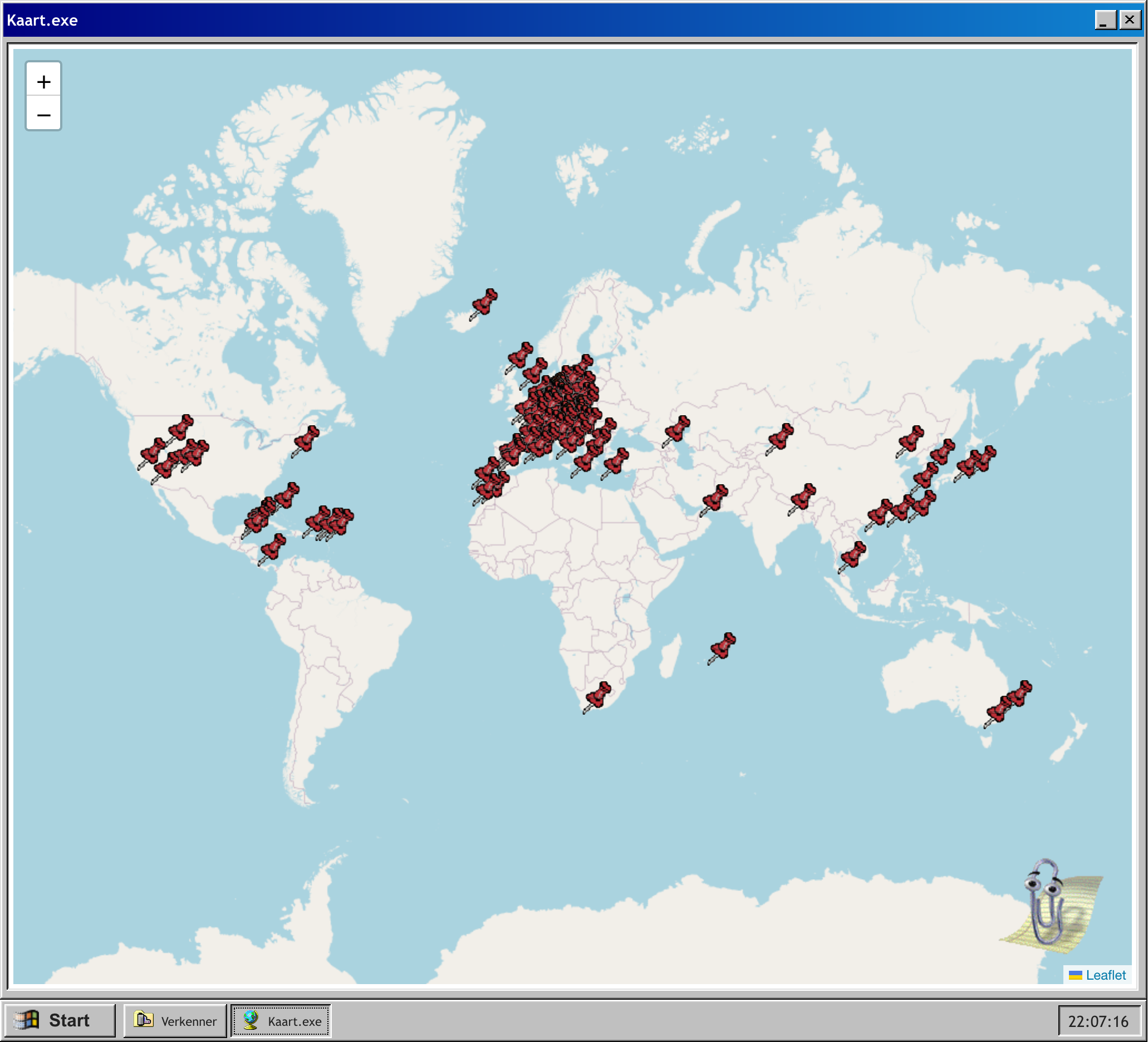 A map of the world with pins. It's a window of a Windows 98 environment.