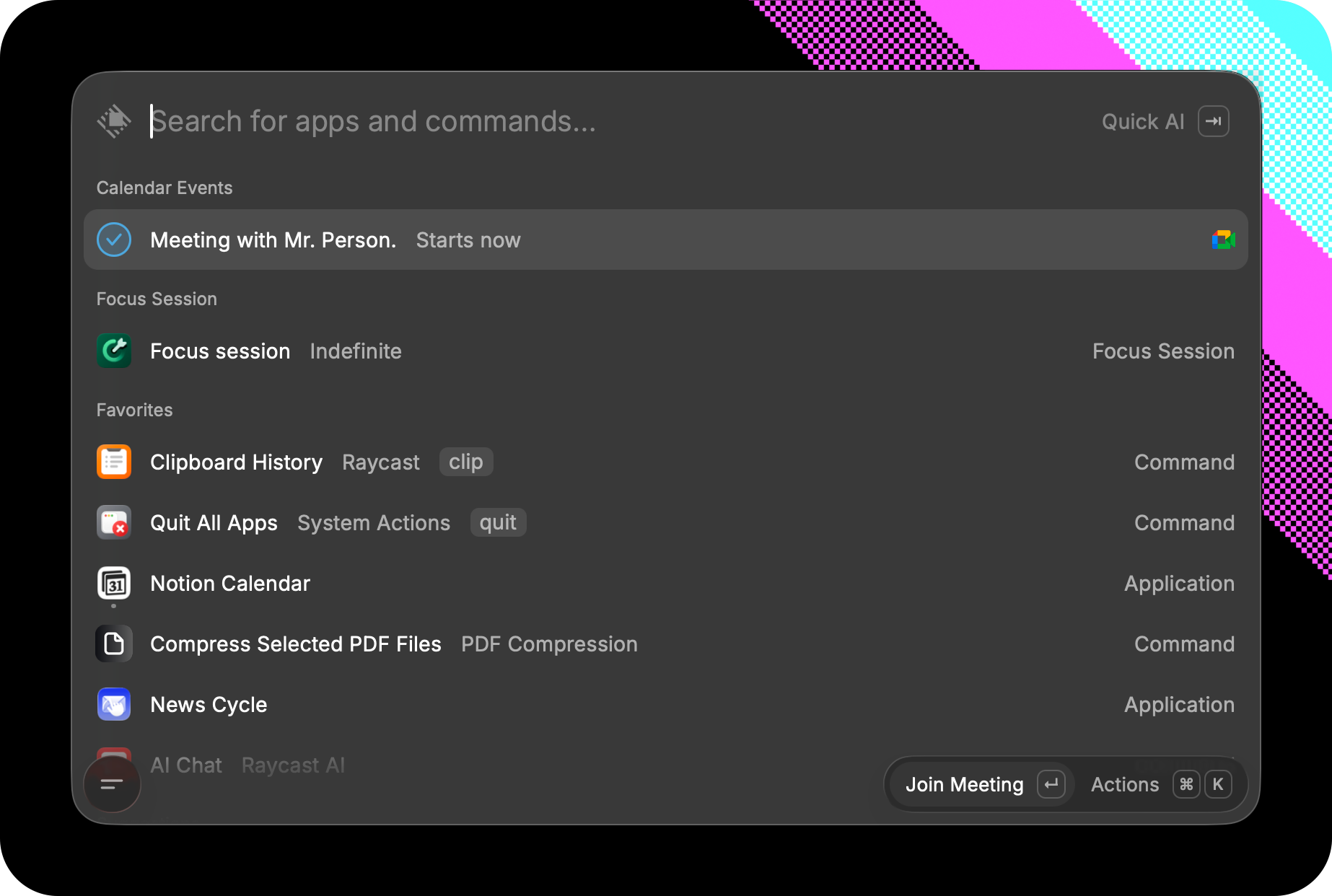 The Raycast window showing an upcoming event.