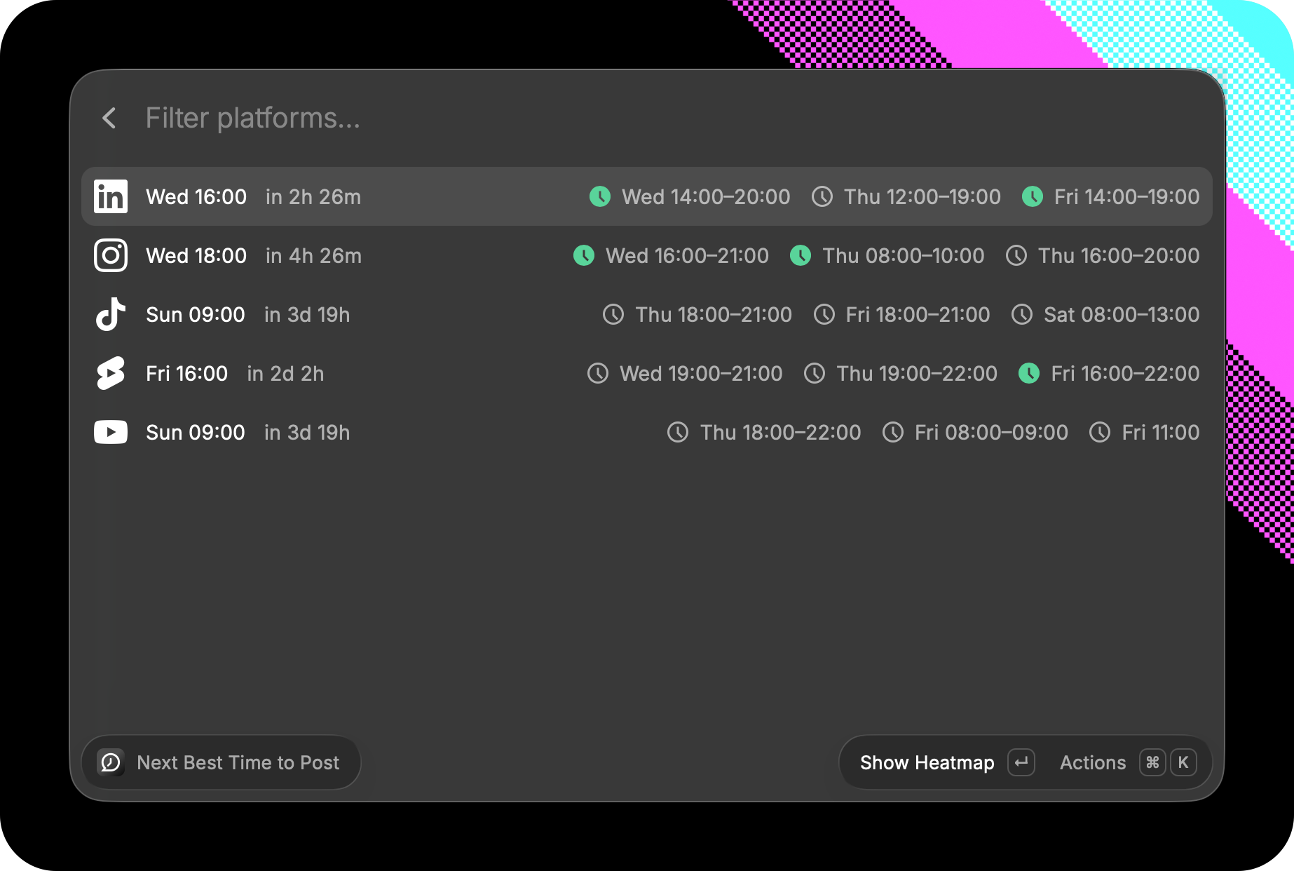 A Raycast view showing social platform and a great time to do a post.