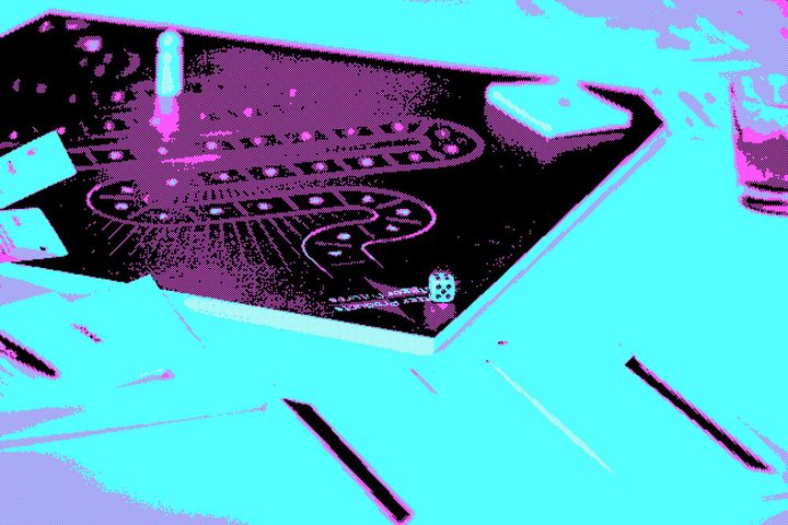 Pixelated photo of a boardgame, featuring a die, a pawn, and some cards, and a board that looks like 'The Game of Goose'.