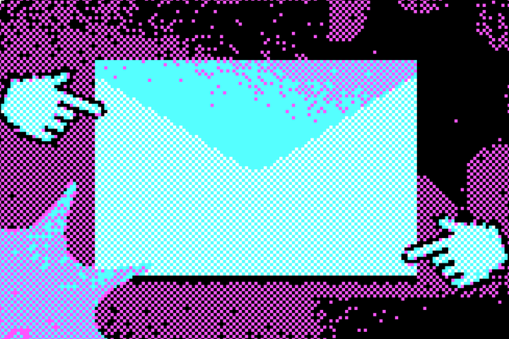 A pixelated envelop, with fingers pointed towards it.