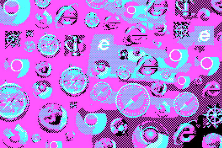 Gepixelde iconen van webbrowsers zoals Chrome, Safari, Firefox en Internet Explorer.