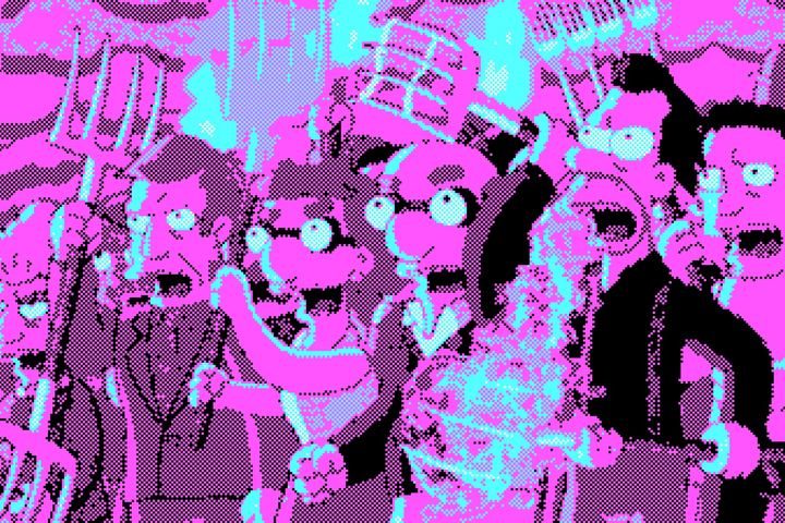 Een gepixeld beeld uit The Simpsons, waarbij mensen met een riek en fakkels boos staan te protesten.
