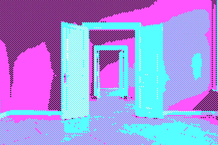 Een gepixelde foto van open deuren.