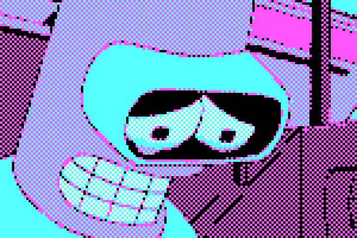 Een gepixelde Bender uit Futurama, die heel triest kijkt.